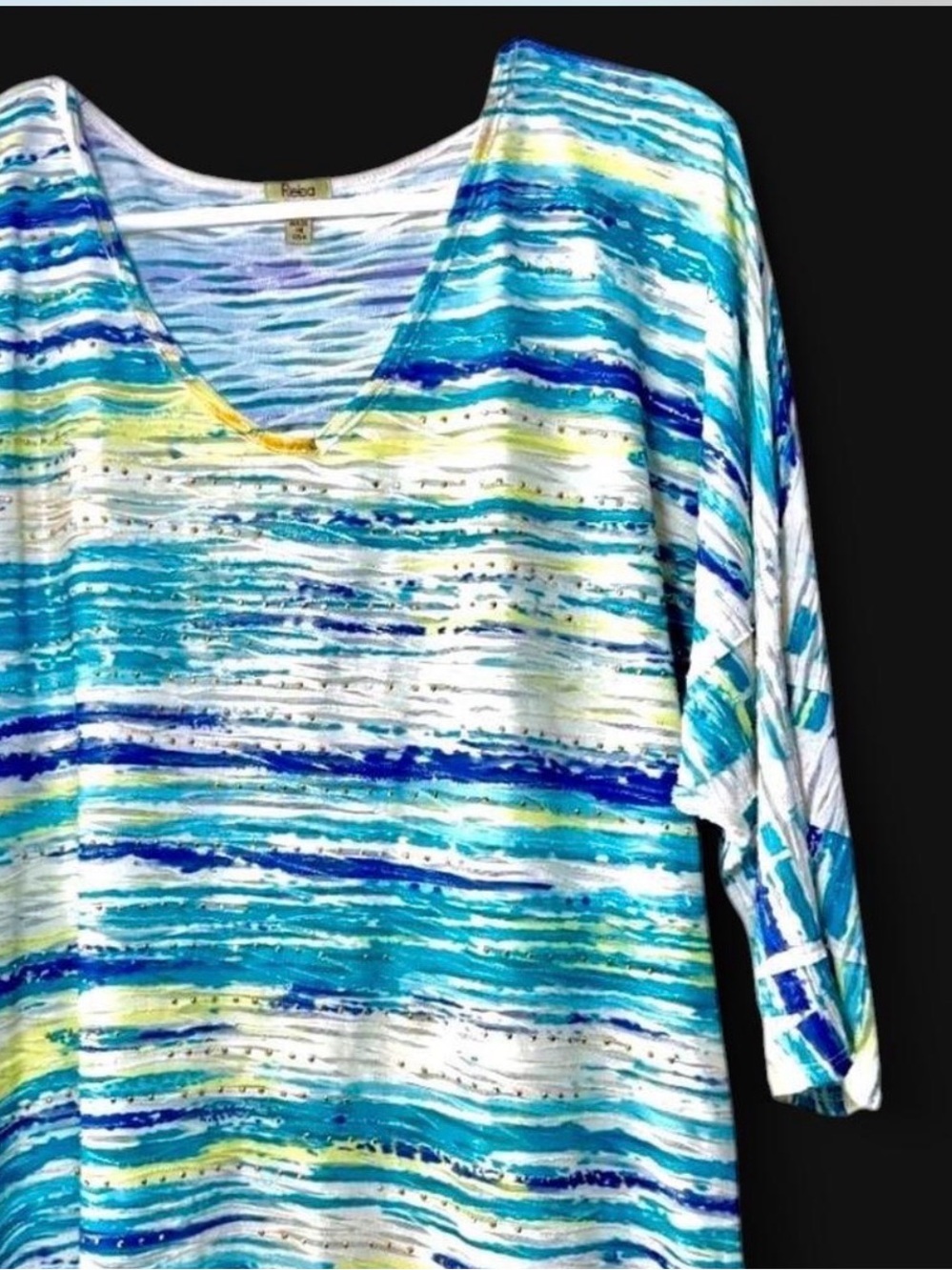 Womens Blouse XL Tunic Top 3/4 Sleeve Embellished Colorful Striped Office Reba
